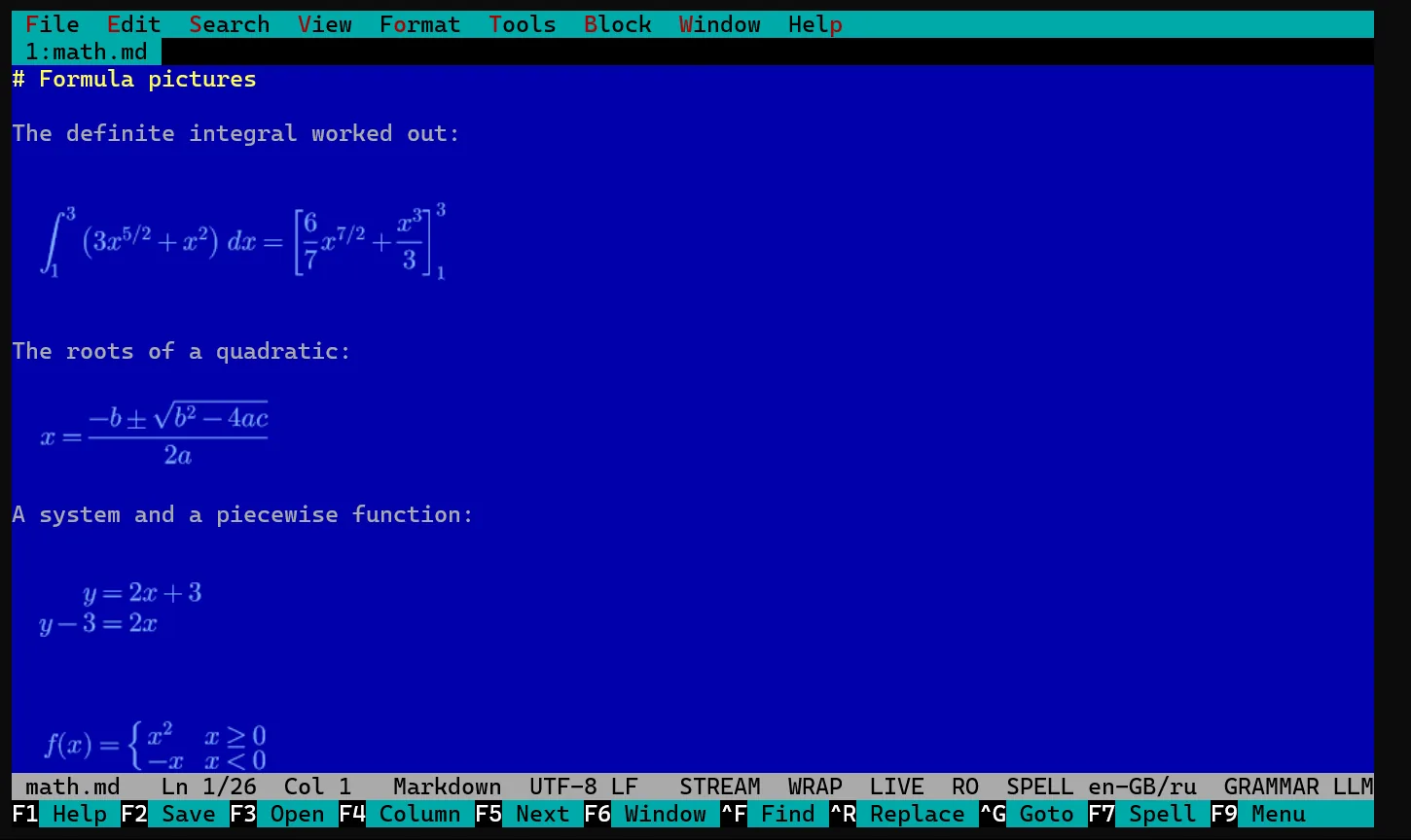 BlueEdit showing LaTeX formulas typeset as Sixel pictures in the terminal