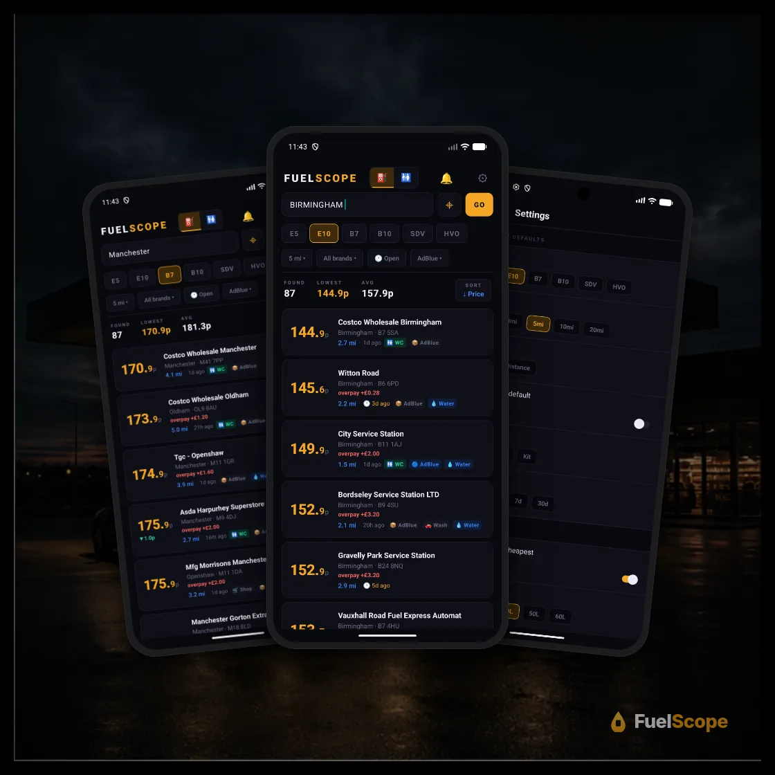 FuelScope Android app: station list with prices and filters