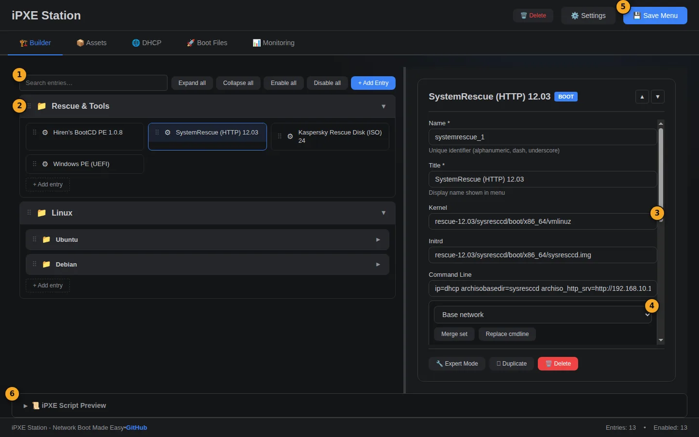 iPXE Station menu builder with boot entries and the entry editor