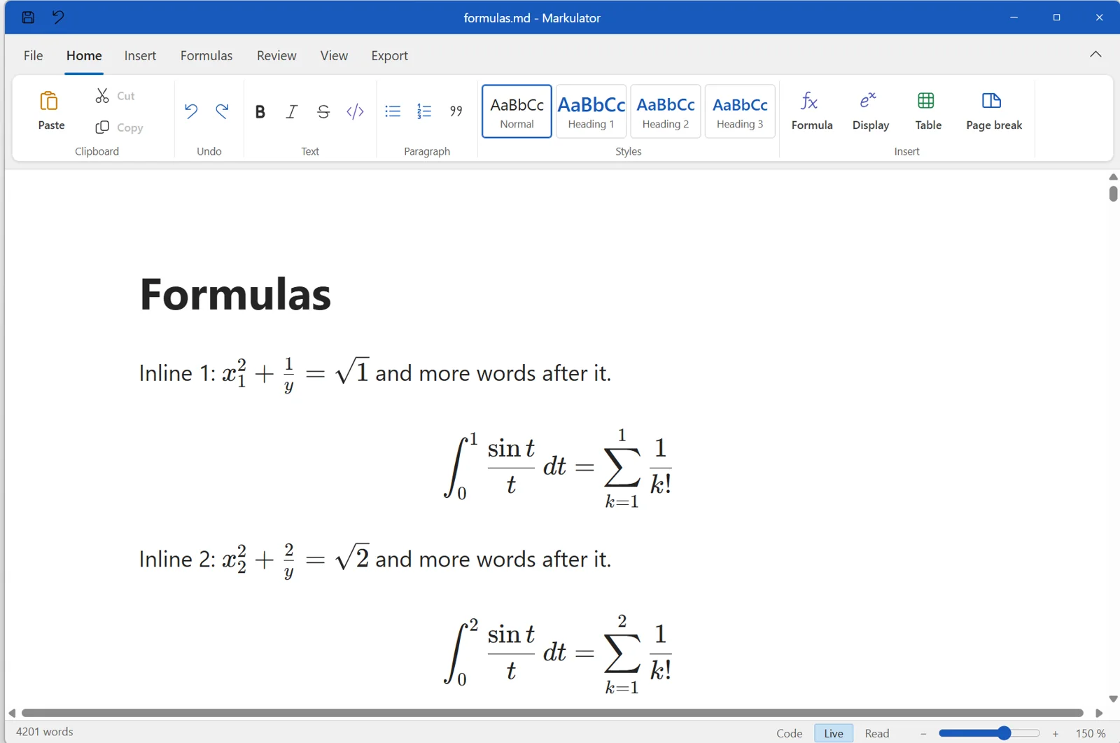 Markulator: a Word-like ribbon above a document with inline and display formulas typeset as you write