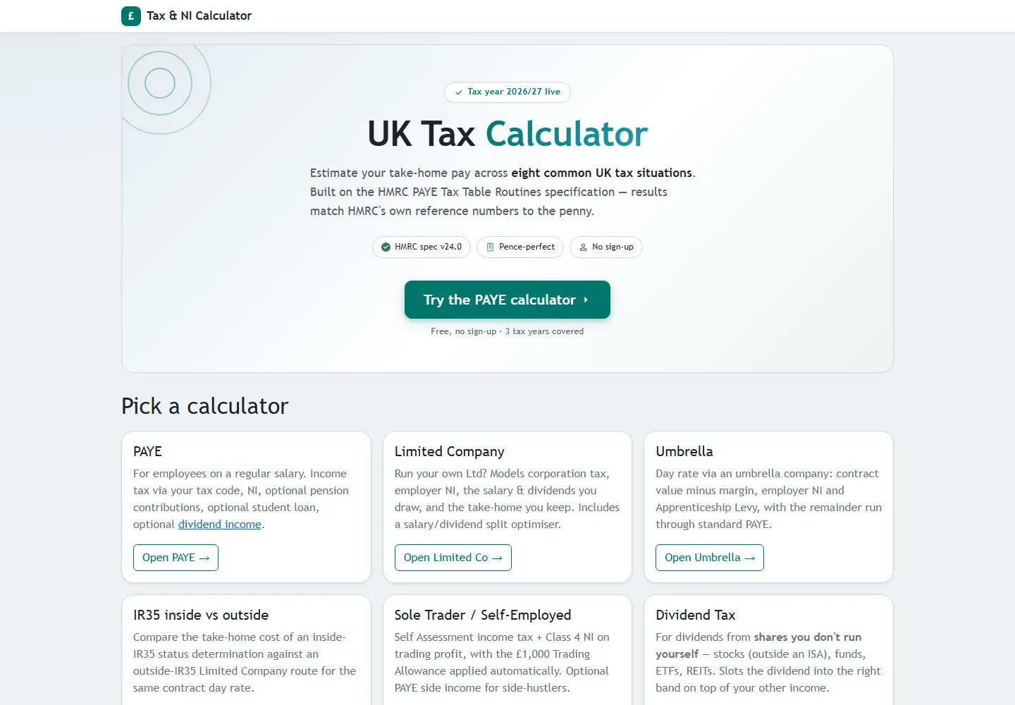 taxscope.uk home page with the calculator list