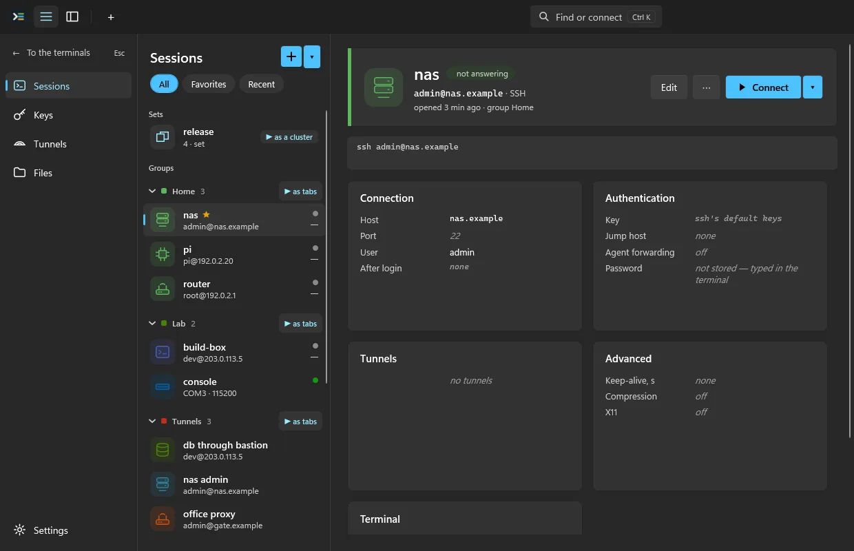 TermHub: saved SSH sessions in groups, with the connection details of one host