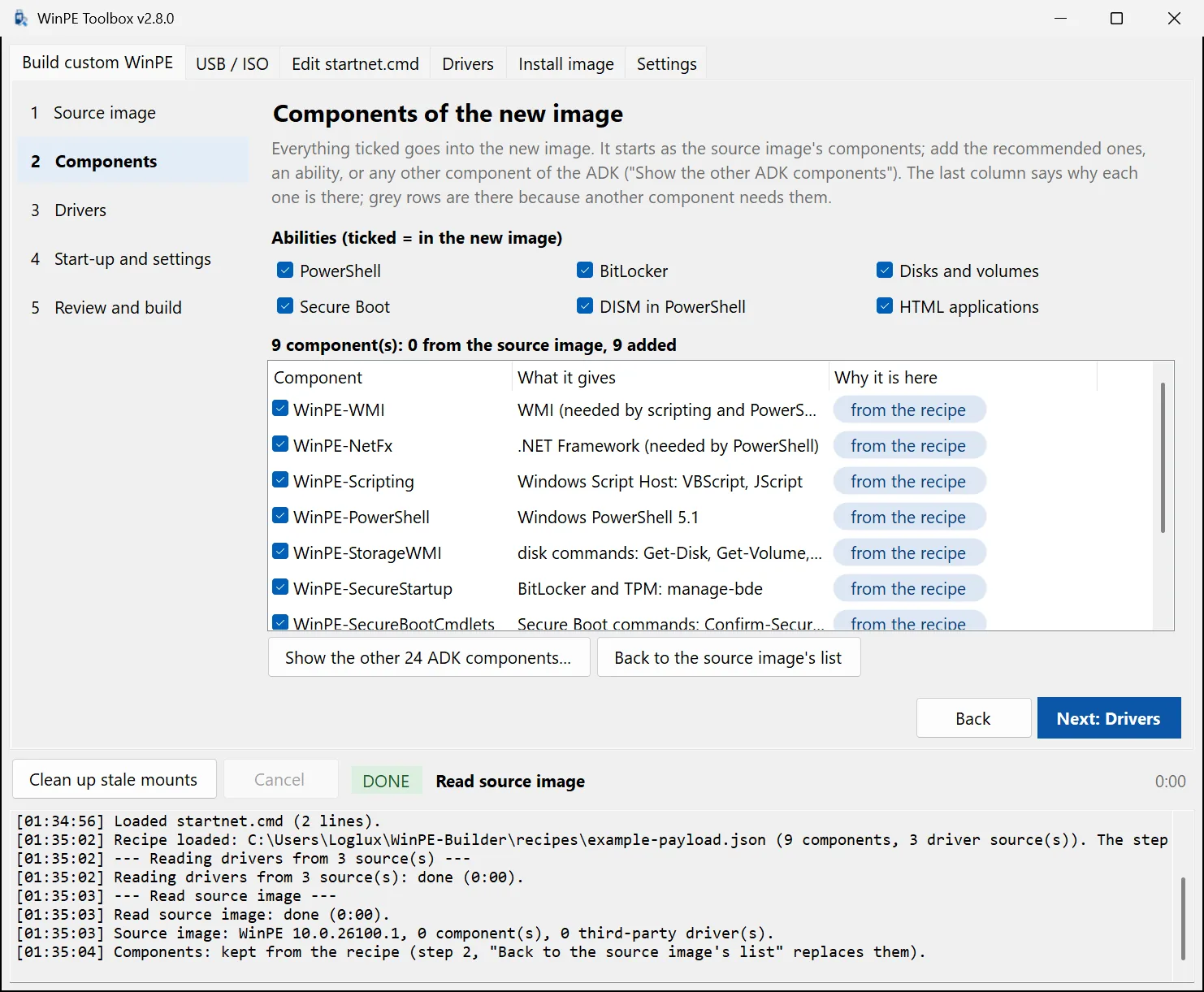 WinPE Toolbox: choosing components for a new image