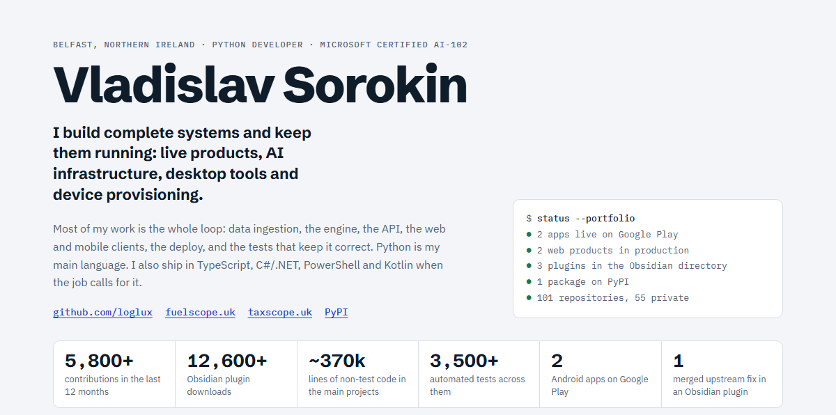 Vladislav Sorokin: Python developer in Belfast. I build complete systems and keep them running.